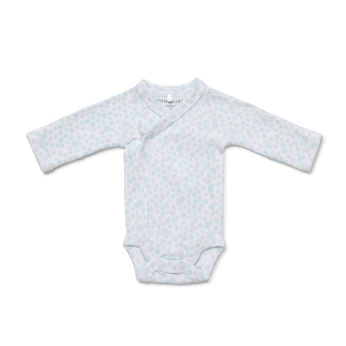 Blue baby onesie with long sleeves on a white background
