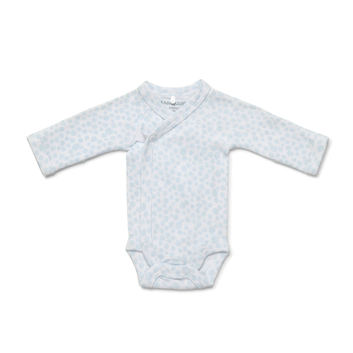 Blue baby onesie with long sleeves on a white background
