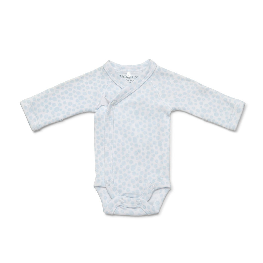 Blue baby onesie with long sleeves on a white background