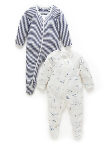 Pure Baby Zip Growsuit 2 Pack - Vanilla Nautical