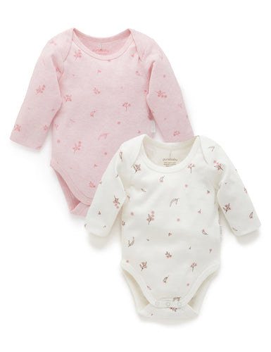 Pure Baby Easy Neck Long Sleeve Bodysuit 2 Pack - Pale Pink Blossom