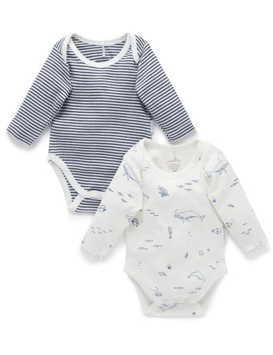 Pure Baby Easy Neck Long Sleeve Bodysuit 2 Pack - Vanilla Nautical