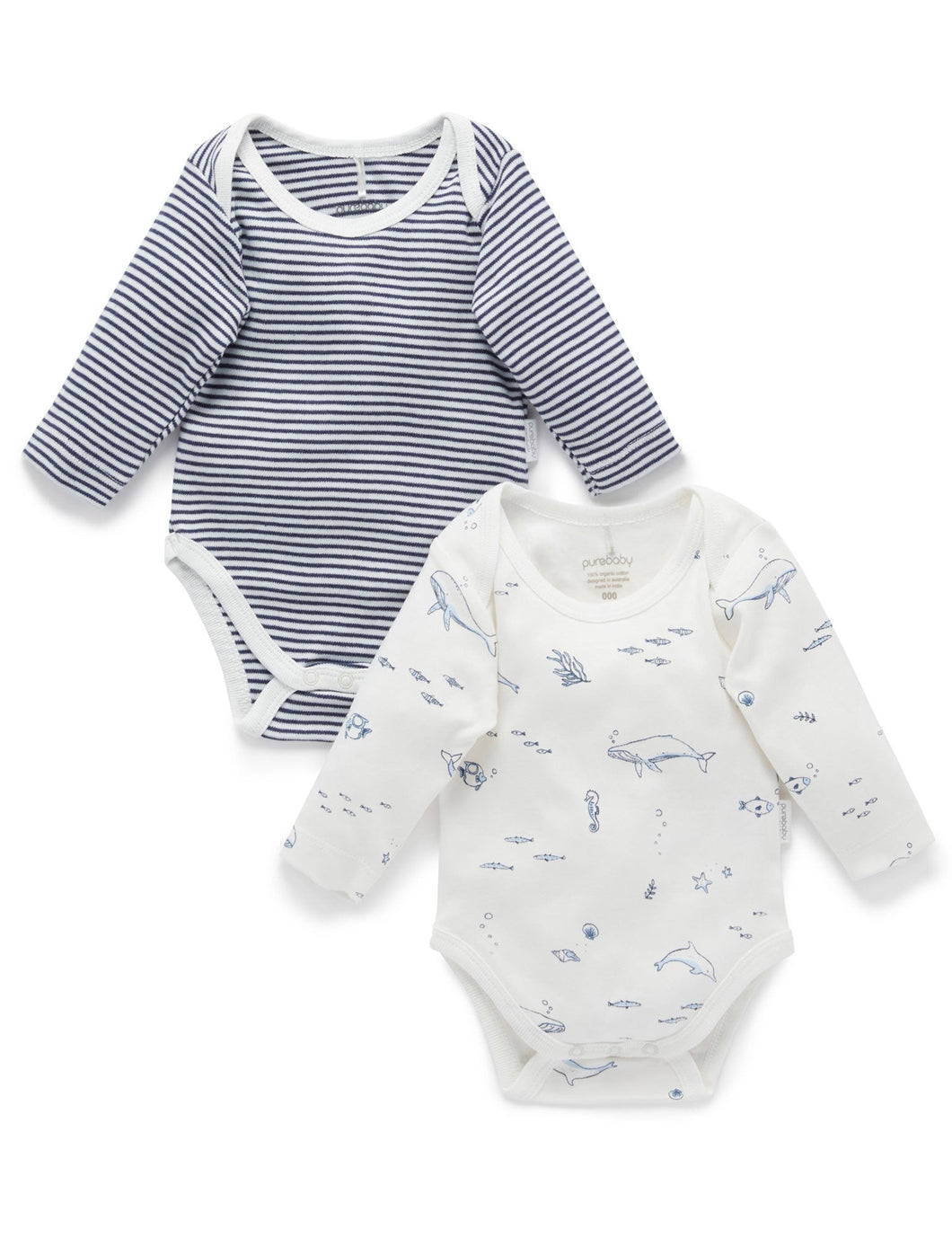 Pure Baby Easy Neck Long Sleeve Bodysuit 2 Pack - Vanilla Nautical