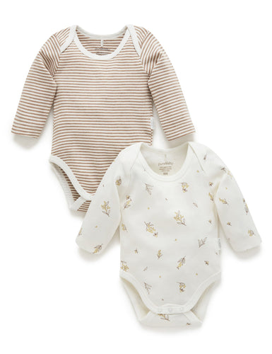 Pure Baby Easy Neck Long Sleeve Bodysuit 2 Pack - Vanilla Wattle Bee