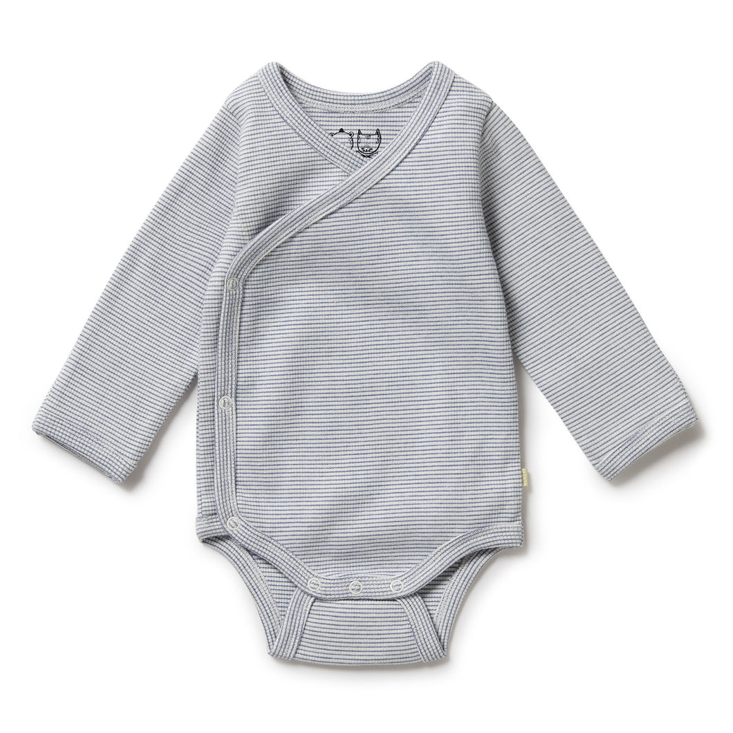 Organic Stripe Rib Kimono Bodysuit - Rain Drop