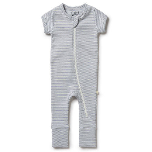 Organic Stripe Rib Zipsuit - Rain Drop