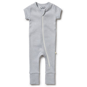 Organic Stripe Rib Zipsuit - Rain Drop