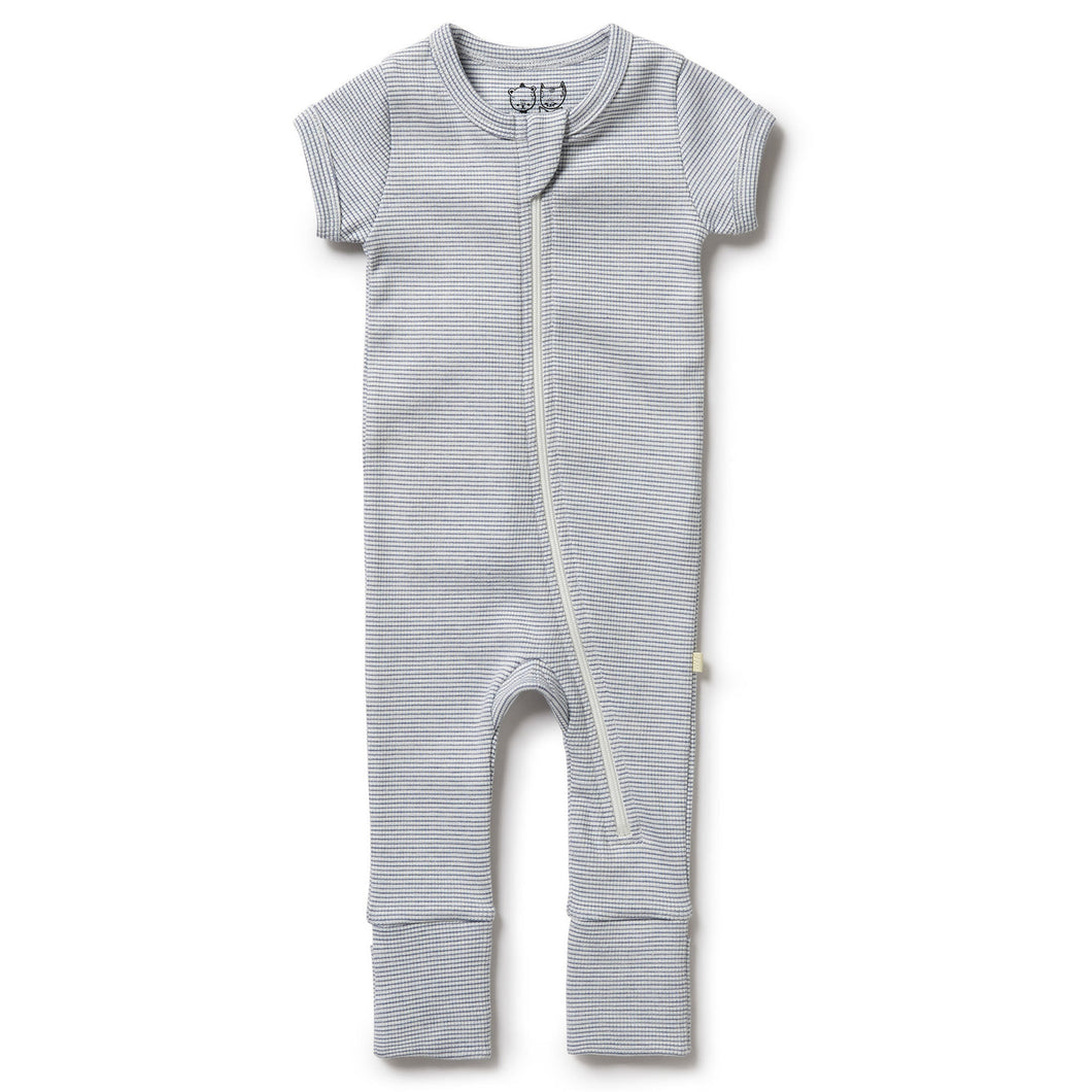 Organic Stripe Rib Zipsuit - Rain Drop