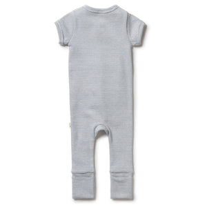 Organic Stripe Rib Zipsuit - Rain Drop