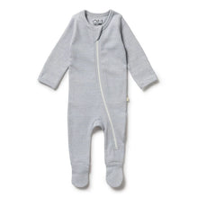 Load image into Gallery viewer, Organic Stripe Rib Zipsuit with Feet - Rain Drop
