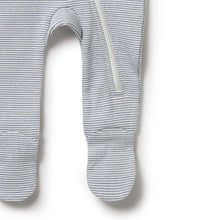 Load image into Gallery viewer, Organic Stripe Rib Zipsuit with Feet - Rain Drop