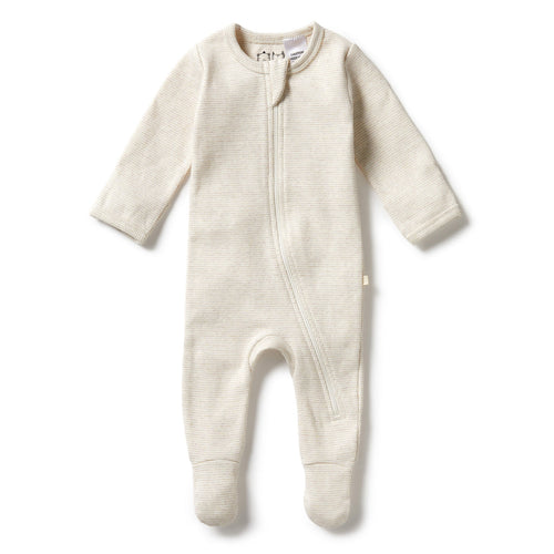Organic Stripe Rib Zipsuit with Feet - Oatmeal