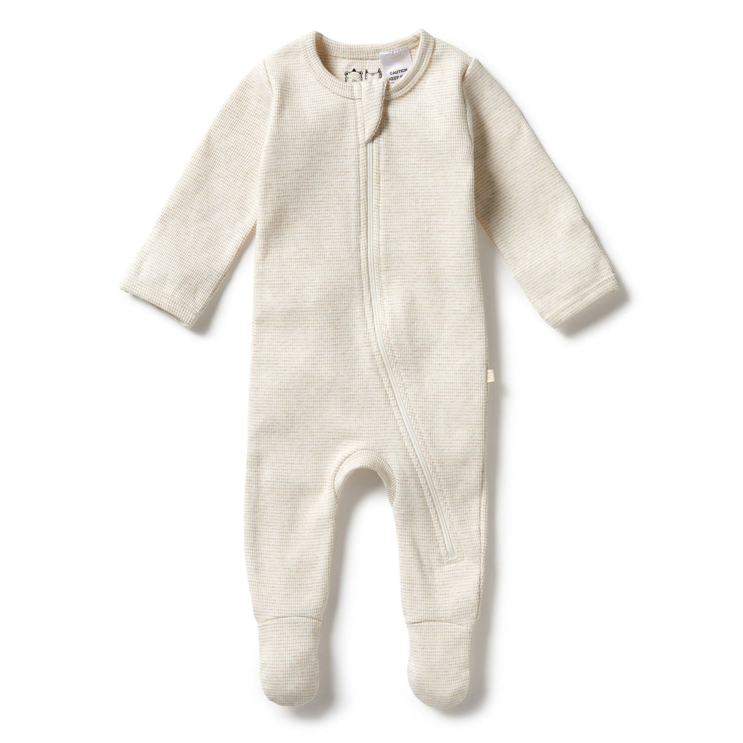 Organic Stripe Rib Zipsuit with Feet - Oatmeal