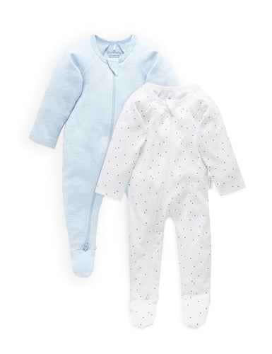 Pure Baby Zip Growsuit 2 Pack - Pale Blue/Soft Blue Melange