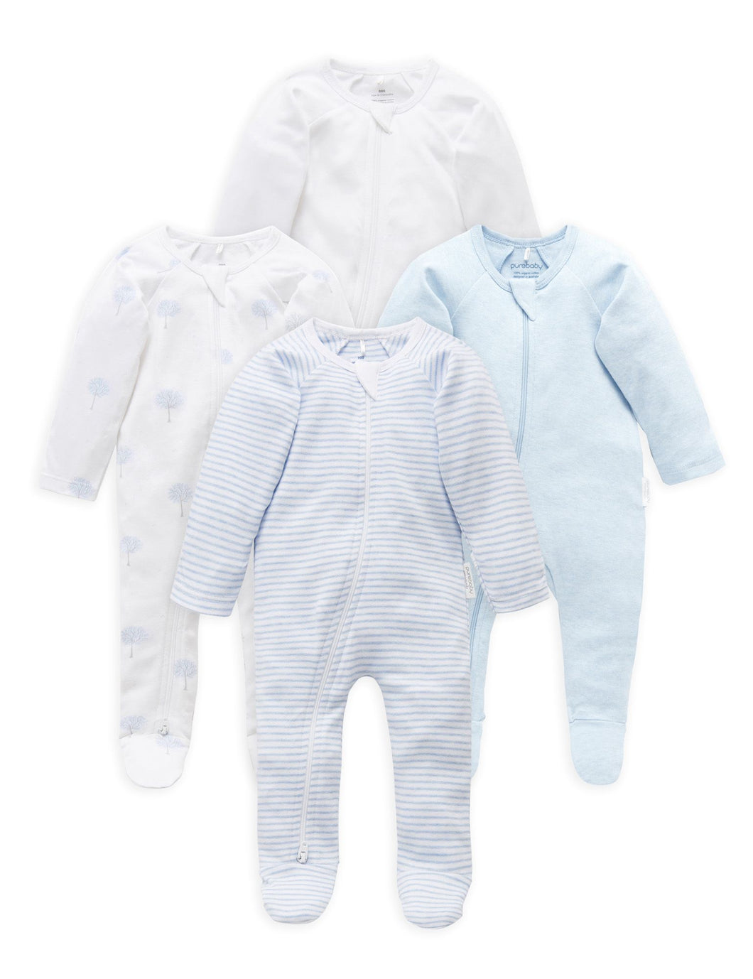 Pure Baby Zip Growsuit 4 Pack - Pale Blue