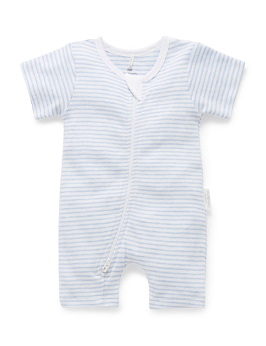 Pure Baby Short Leg Zip Growsuit - Pale Blue Stripe